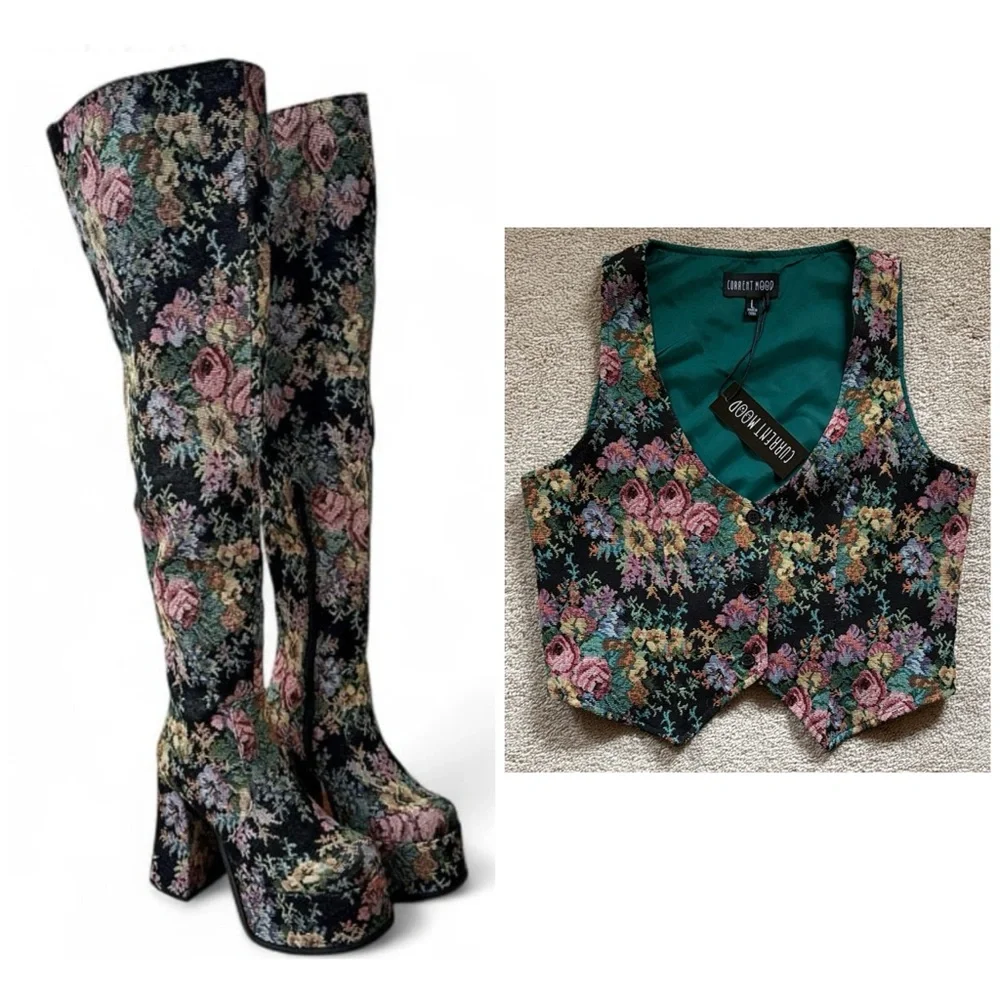 Current Mood Dolls Kill ‘BOHEME GARDEN’ Tapestry OTK Boots Vest SET L/9 NWT